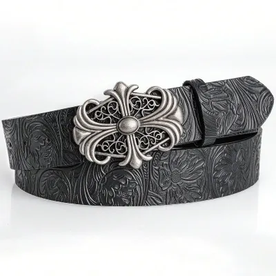 Ceinture à boucle simili cuir noir unisexe – image 2