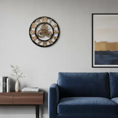 Horloge murale en métal dorée et noire 58 cm