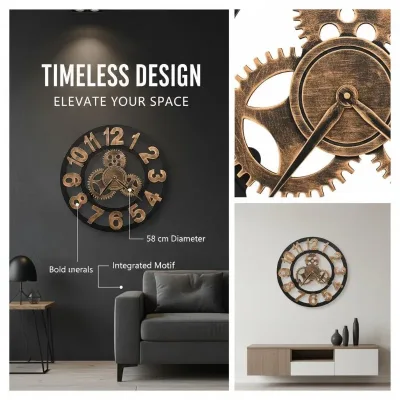 Horloge murale en métal dorée et noire 58 cm – image 2