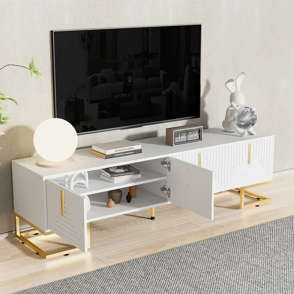 Meuble TV bas blanc, poignées et pieds dorés