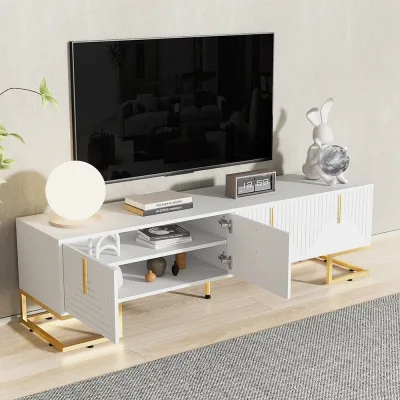 Meuble TV bas blanc, poignées et pieds dorés