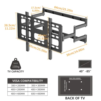 Support mural TV articulé en acier noir – image 2